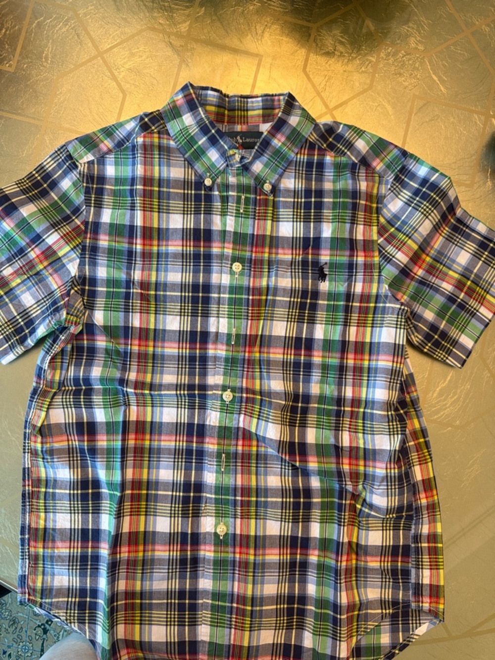 Polo by Ralph Lauren Blue and Green Plaid Short-Sleeve Button-Down Shirt